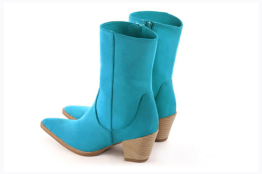 Turquoise blue women's ankle boots with a zip on the inside. Tapered toe. Medium cone heels. Rear view - Florence KOOIJMAN